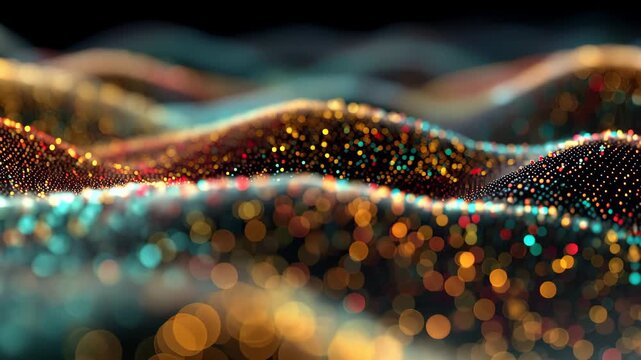 Dazzling waves of light ripple through a magical landscape glowing with vibrant colors in mesmerizing patterns across the dark backdrop