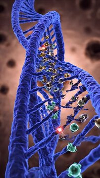 CGI Representation of a Double Helix DNA Strand with Molecular Interactions and Cellular Structures in a Blurry Organic Background Medical Education Visualization