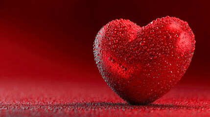 Obraz premium Red heart-shaped object covered with water droplets on glossy surface symbolizing love and affection with vibrant saturated background lighting