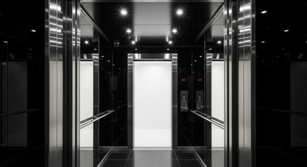 Fototapeta premium Modern Elevator Interior with Polished Surfaces and Architectural Symmetry in Black and White