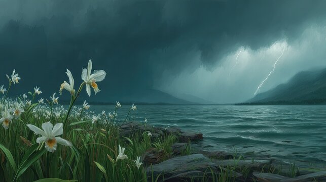 White flowers bloom beside a turbulent lake as a powerful thunderstorm rages over distant mountains