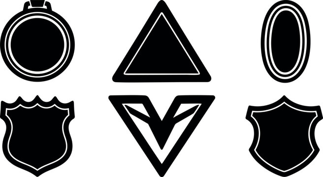 Flat design close up six badge and shield vector icons in black silhouette isolated on white background minimalist logo set