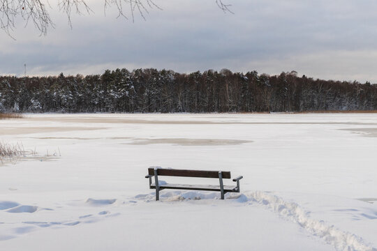 Empty park bench in a vast and silent snowy winter landscape