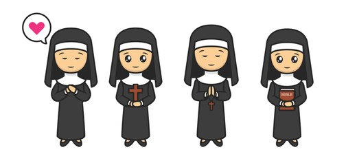 Set of cute Nun mascot designs.