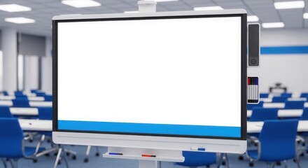 Fototapeta premium Modern Interactive Display in a Classroom with Blue Chairs and White Desks