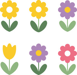 Spring flowers cartoon vector icon set with colorful tulips, daisies, and other blooms isolated