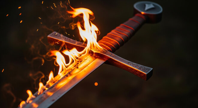 A medieval sword ablaze with fire, symbolizing power and conflict, set against a dark, blurred background