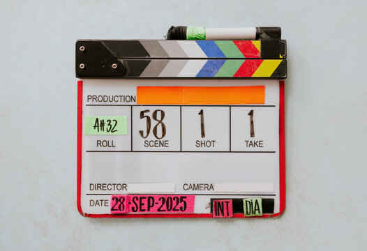 Film production scene clapperboard organized with notes