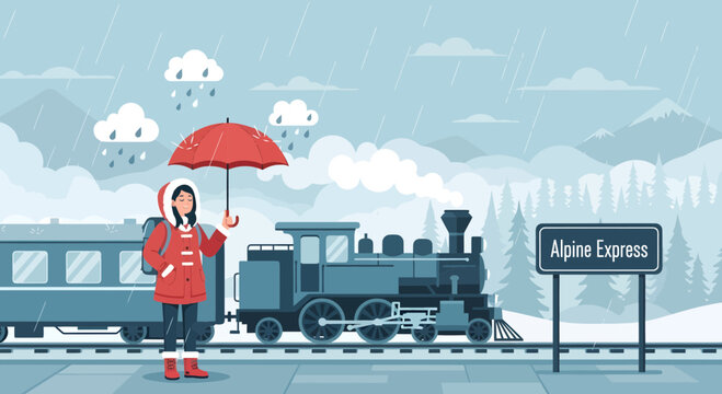Woman with Umbrella Waiting for Alpine Express Train.