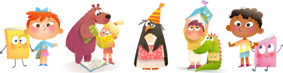 Fototapeta premium Children and animals reading fairytale books together. Collection of fun and colorful cartoons for kids education. Vector educational illustrations clipart collection for school or kindergarten.