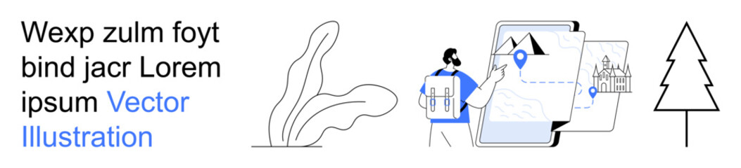 Navigation, location tracking, adventure planning, map technology, travel route optimization, digital exploration. Man pointing to map with markers and trees. Navigation and location tracking theme © robu_s