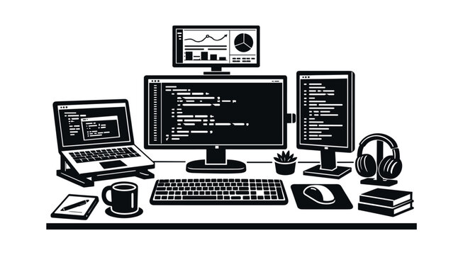 Developer workstation setup displaying multiple screens with programming code, a laptop, and data visualization for software development