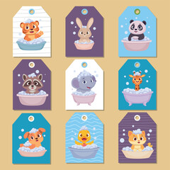 Animal bathing. tags design with little baby animals bathing. vector illustration template