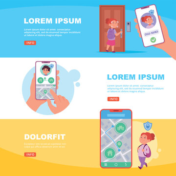Kids gps. safety navigation smart system for kids. vector banners template