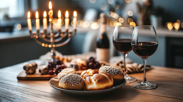 Cozy living room decorated for Hanukkah with lit menorah traditional dreidels and delicious sufganiyot, warm festive atmosphere for Jewish holiday, with copy space
