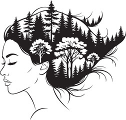 Artistic illustration of a woman with her hair transforming into a lush forest landscape