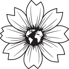 Black and white line drawing of a flower with planet earth at its center for coloring.