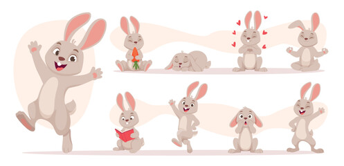 Naklejka premium Cartoon rabbit. Cute animal in different poses exact vector bunny illustrations