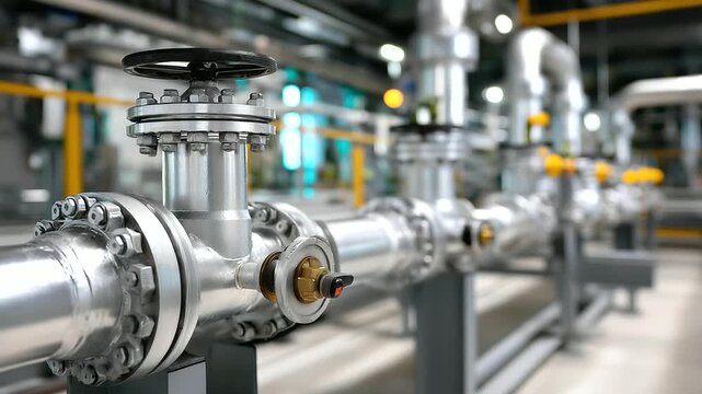 Metallic pipelines releasing controlled steam, factory equipment and valves in sharp focus, industrial precision and energy management highlighted, with copy space
