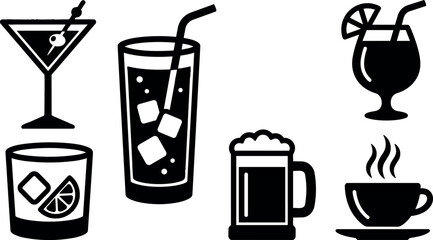 Flat design beverage icon set six glasses cocktail martini highball tumbler beer mug coffee cup with straw and ice garnish