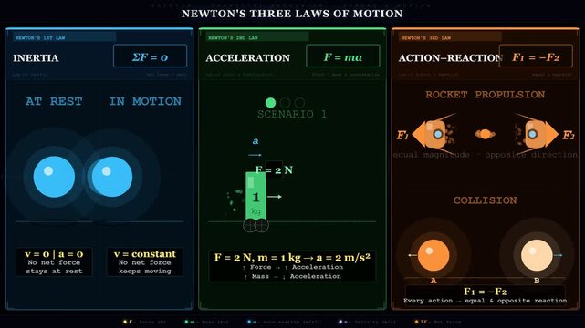 Newton's Three Laws of Motion Infographic Animation: Detailed Visual Explanations of Inertia, Acceleration, and Action-Reaction Principles with Dynamic Scenarios and Equations, symbolizing physics edu