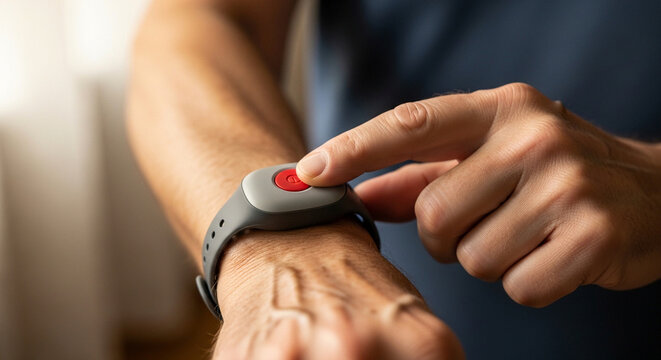 Close Up of Hand Pressing Red Emergency Panic Button on Medical Alert Wristband