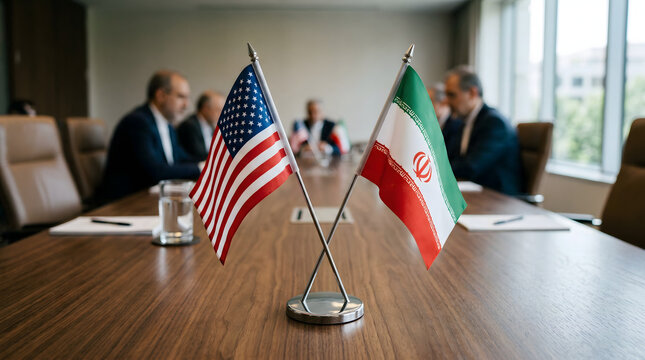 American and iranian flags stand on meeting table, diplomats from both countries are blurred