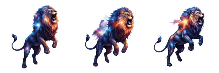 Set and collection of majestic cosmic lion illustrations with glowing galaxy stars and nebula textures isolated on white transparent png background © fixa