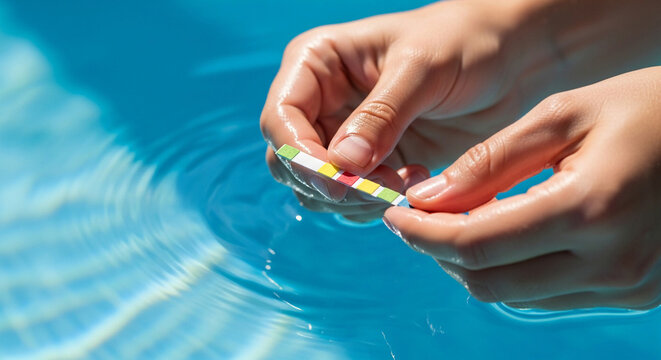 Person testing swimming pool water with ph strip