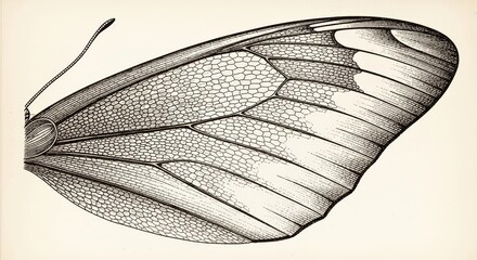 Butterfly wing detail with hexagonal pattern, vintage engraving style illustration. Delicate insect anatomy diagram for scientific study.