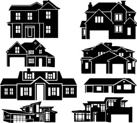 Collection of diverse black and white architectural house silhouette icons representing various residential property styles and real estate concepts for design.