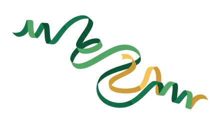 Fototapeta premium Green and gold spiral ribbons swirling on white background. Festive celebration element with dynamic curved shapes for decoration design.