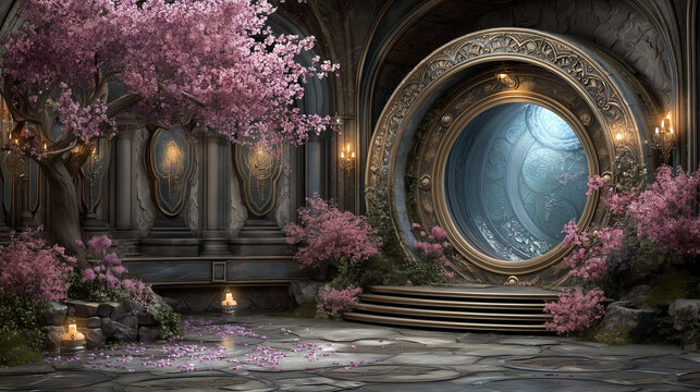 A circular magic portal shimmering with ethereal light stands as the centerpiece of a fantasy castle hall filled with flora and golden architecture.
