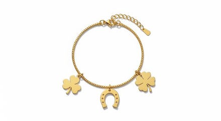 Fototapeta premium Gold colored lucky charm bracelet with clover leaf and horseshoe amulets. Good luck jewelry concept for Saint Patrick day holiday.