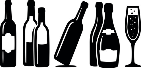 Naklejka premium Flat design black silhouette line of wine and champagne bottles with single flute standing upright on white background elegant minimal