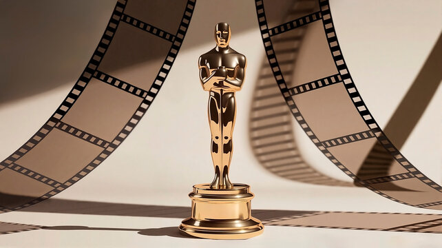 Golden Oscar statuette in Art Deco style with film reel backdrop