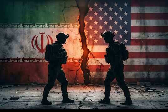 Soldiers standing before cracked wall painted with flags of iran and america