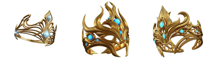 Set and collection of elegant golden fantasy crowns and regal tiaras with blue gems isolated on white transparent png background © fixa