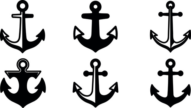 Flat design collection of six black anchor icons in various silhouettes arranged grid on white background minimalist nautical symbols bold