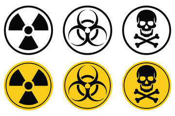 Radiation, biohazard, and toxic hazard icon set with yellow and black danger symbols, warning signs, silhouette and outline style vectors, clean modern flat design for safety, laboratory