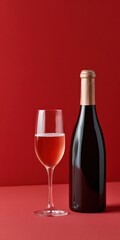 Elegant red wine bottle and glass on vibrant red background