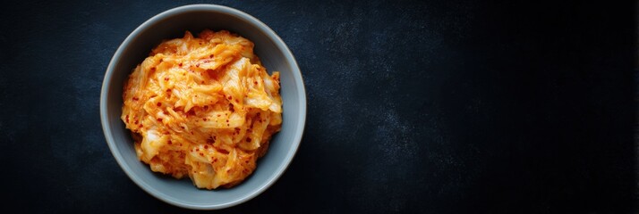 Spicy fermented kimchi in bowl on dark background