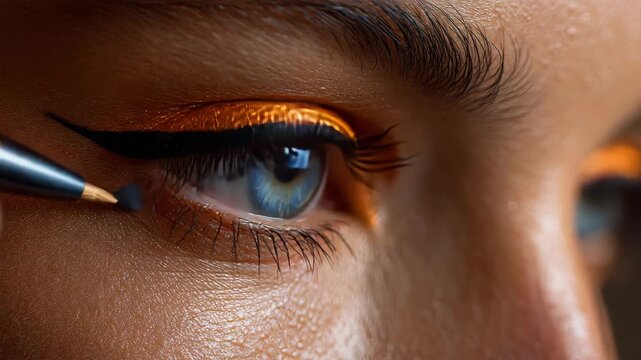 Close-up of a woman's eye with dramatic orange eyeshadow and precise black eyeliner application
