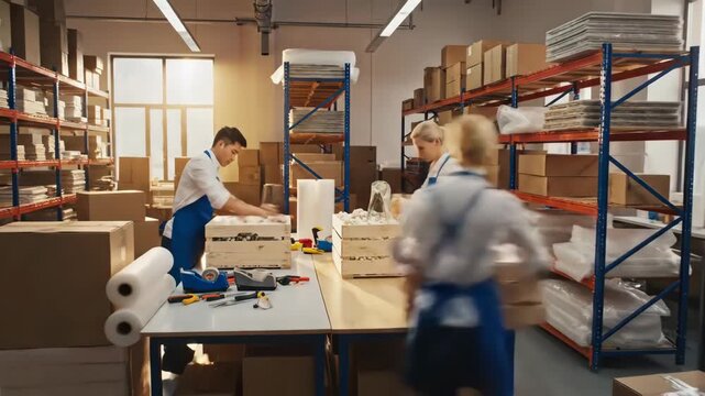 Warehouse Workers Organizing Inventory in a Busy Storage Facility Scene
