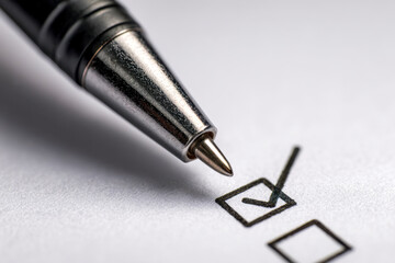 Fototapeta premium Detailed shot of a ballpoint pen marking a check in a checkbox on white paper symbolizing completion and agreement for tasks or surveys