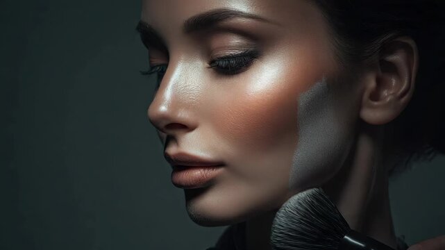 Close-up of a woman's face as blush is applied with a large brush, highlighting her cheekbones