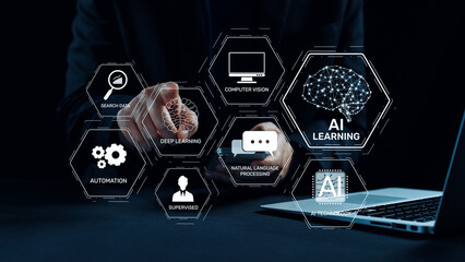 AI learning system involves deep learning, supervised machine learning, and natural language processing. AI learning diagram shows how AI advances learn in automation and data processing. Elide © InfiniteFlow