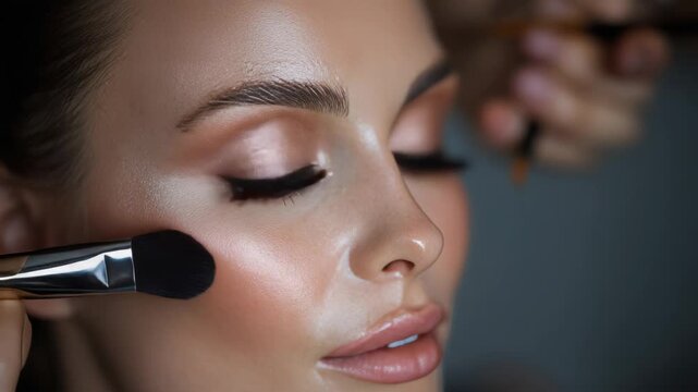 Close-up of a woman's face as blush is applied with a brush for a glowing look