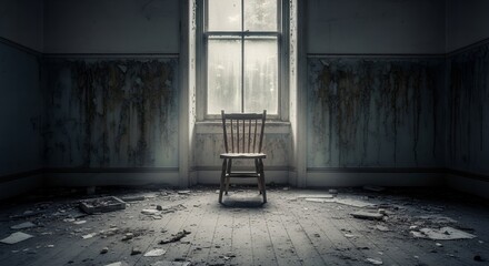 Abandoned room with old chair by dirty window