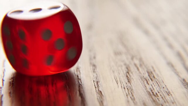 macro close up of single red translucent plastic die spinning rapidly on light wooden table surface in slow motion with blurred background for gambling and board game concept
